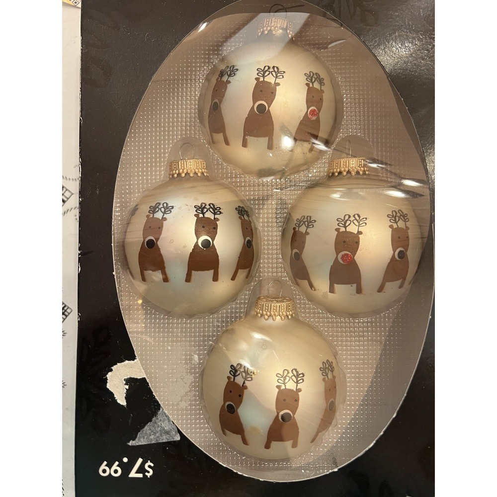 4 - Glass White Reindeer Glitter Black/Red Nose Ornaments 3" Hobby Lobby 2007